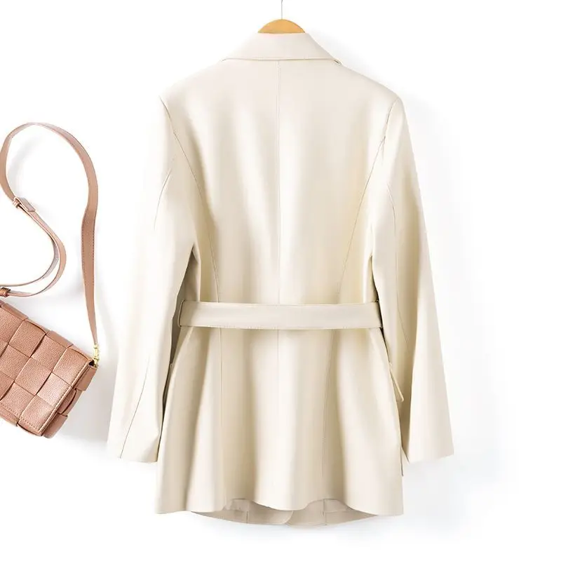 Women's Models Autumn Spring Coat Tops Leather Jacket Suit Collar Trench Coat Lace Up Medium-length Leisure Simple Brand New