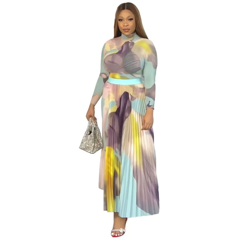 التعادل صبغ 2 قطعة مجموعات ملابس نسائية موضة الهراء كم طويل البلوز البنطال القصير أنيقة مطوي تنورة فستان الخريف 2 قطعة مجموعة