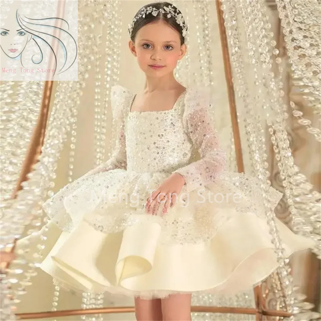 

Girls First Communion Dress Children Pageant Ball Gown Girl Flower Wedding Sequins Dresses for Kids Piano Performance Vestidos