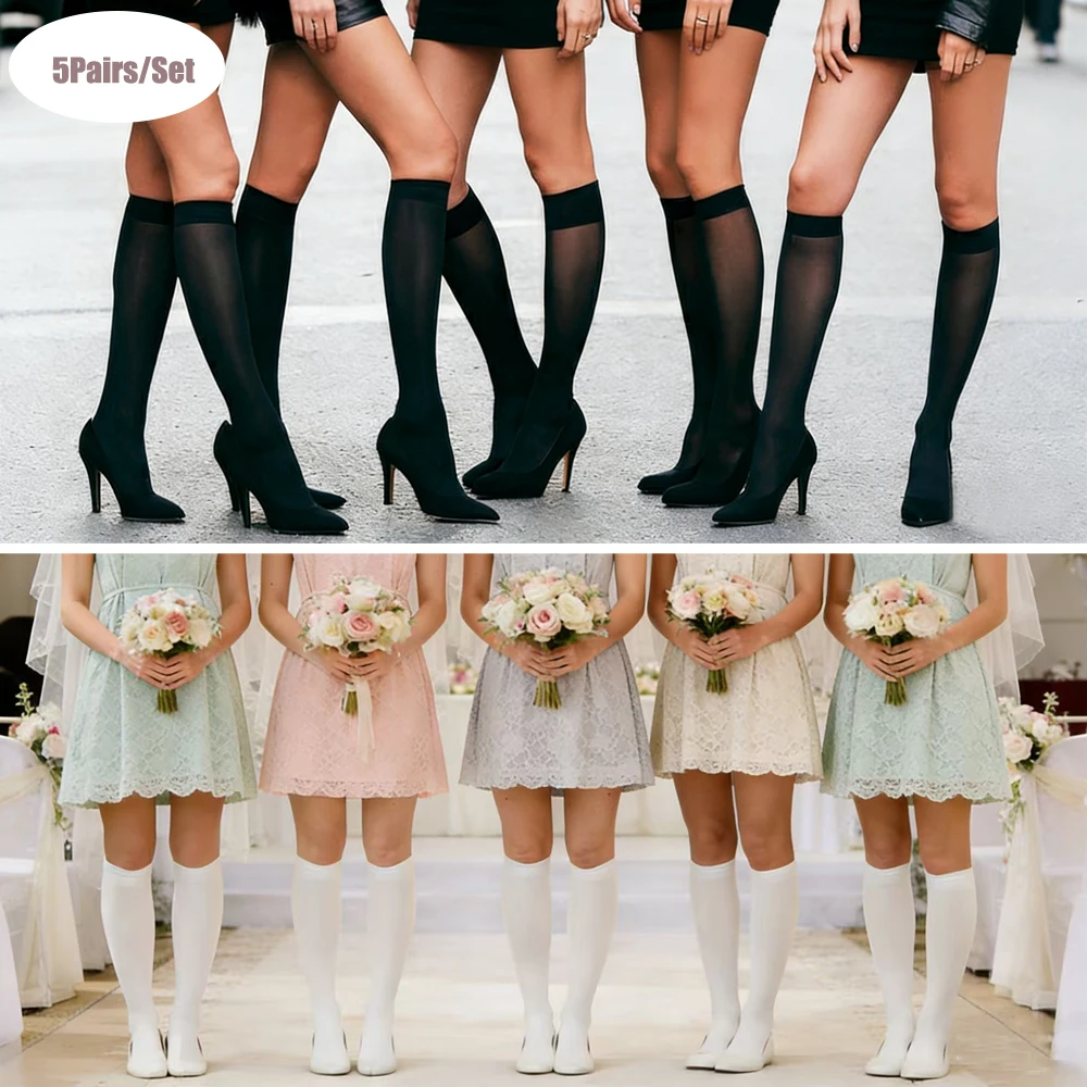 5 Pairs Women's High Quality Fashion Spring and Summer Solid Color Bridesmaid Office Trousers Socks Jk Students Thin Knee Socks