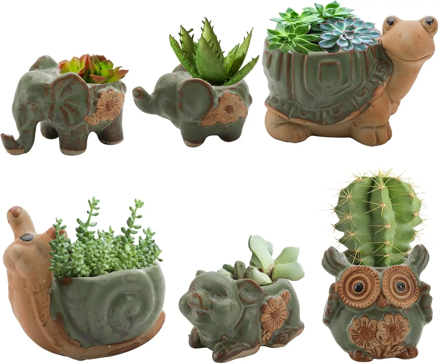 

6 Pack Mini Animal Ceramic Succulent Planter Set, Cute Elephant, Turtle, Owl, Snail, Succulent Pots with Drainage Hole,