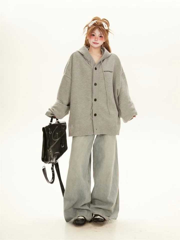 Retro Unisex Loose Grey Hoodie Sweater Coat Women Spring Autumn 2026 New Lazy Couple Knitted Open Cardigan Casual Style