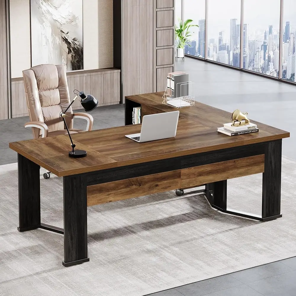 

70.86"" Executive Desk With Mobile File Cabinet, Large L Shaped Computer Office Desk With 2 Drawers And Storage Shelves, Busin