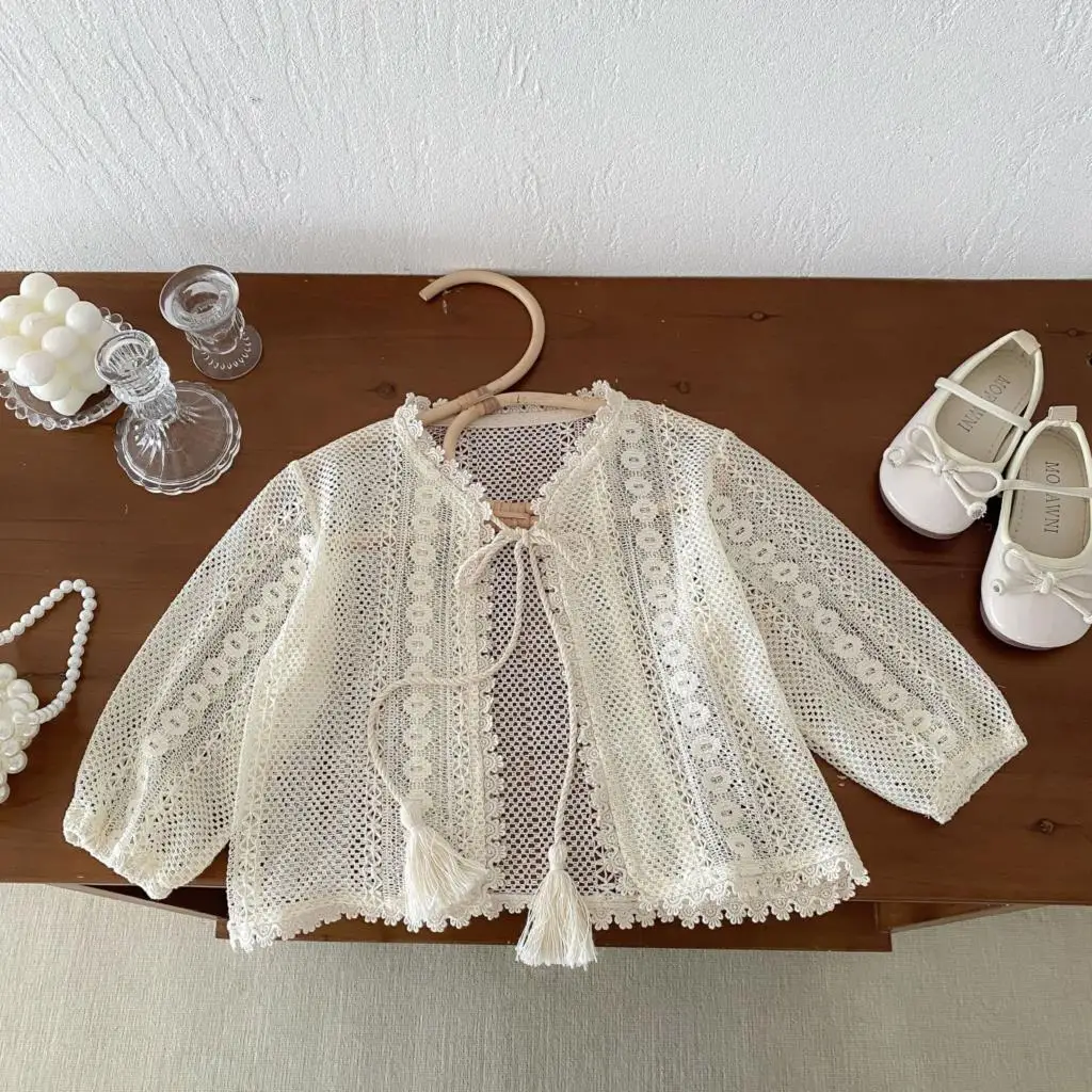 Kid Girl Solid Color Air-conditioned Shirt 0-5T Summer Korean Children Girl Cardigan Lace Hollow Toddler Girl Thin Sunscreen Top