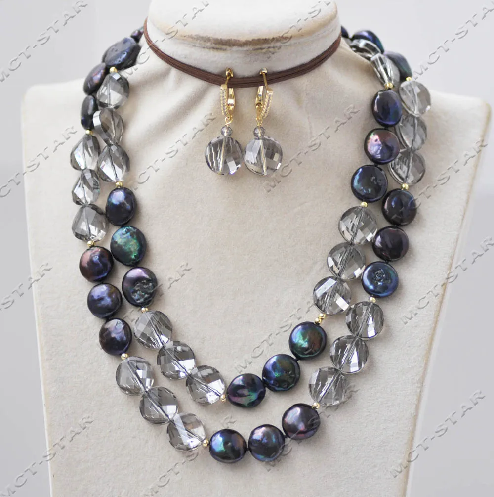 

Z13232 35" 14mm Black Coin Freshwater Pearl Faceted Crystal Necklace Earring Custom Jewelry