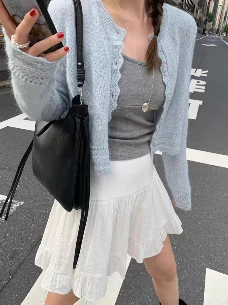 เสื้อโค้ทไหมพรมถักลายฉลุเก๋ไก๋ ดีไซน์ลูกไม้ทรงกลม สไตล์เกาหลี เหมาะสำหรับเดินทาง ผู้หญิง ทรงปกติ ผ้าบางเบา