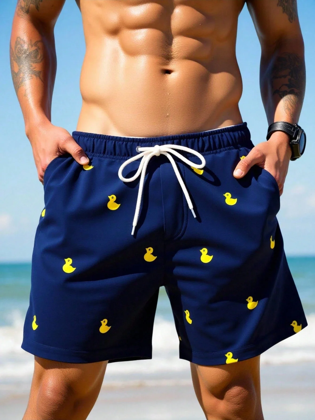 

Men's Cartoon Duck Print Drawstring Waist Beach Shorts Swim Trunks