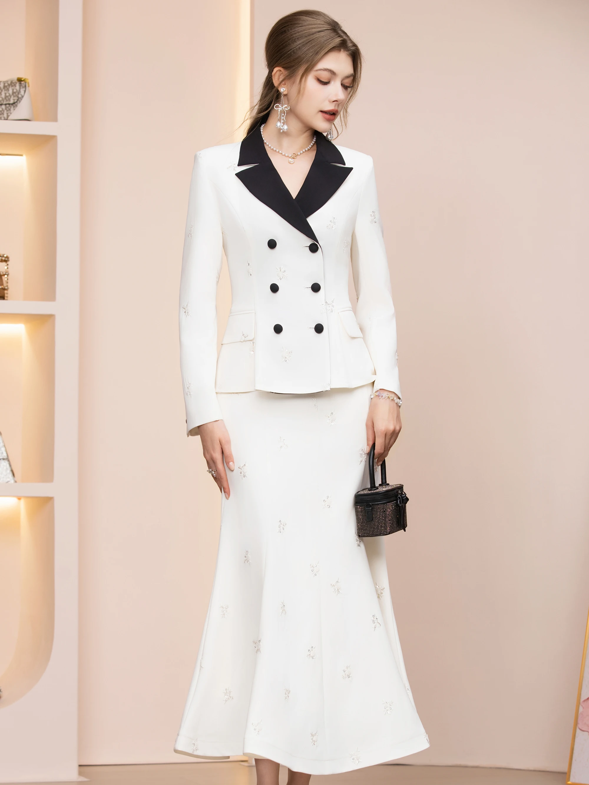 

Женский костюм с вышивкой: пиджак и юбка-русалка с высокой талией, комплект из двух предметов, весенняя модная верхняя одежда, облегающий крой