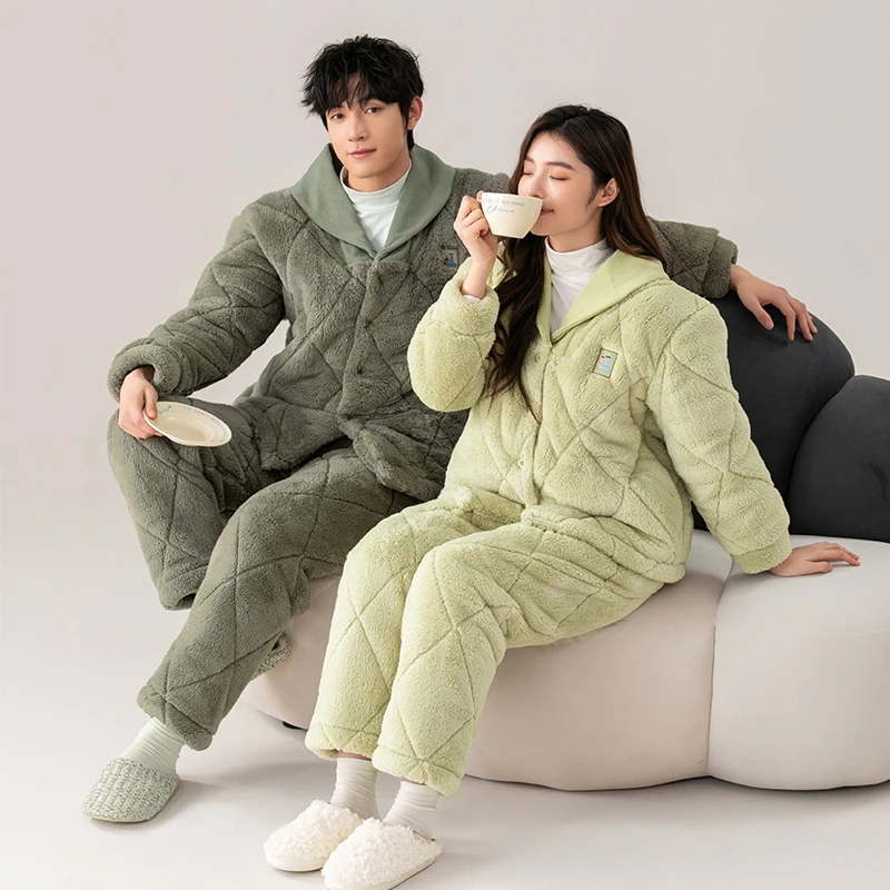 Newest winter 3 layer clip cotton pajama set couple turn-down collar pyjamas thick warm home clothing