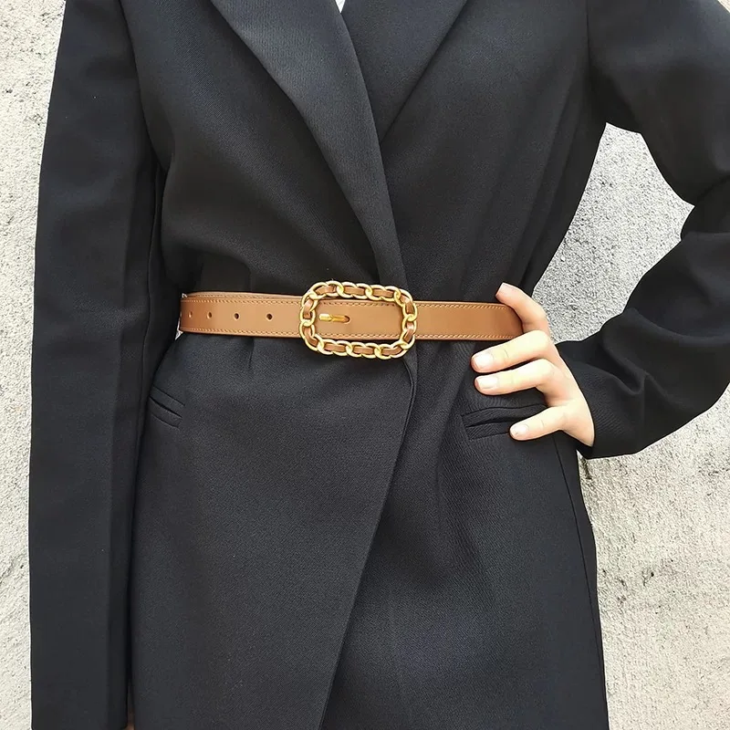 Fashion Gold Braid Buckle Belt Genuine Leather Skinny Belts Female Dress Jeans Clothing Accessories Women\'s Waistband