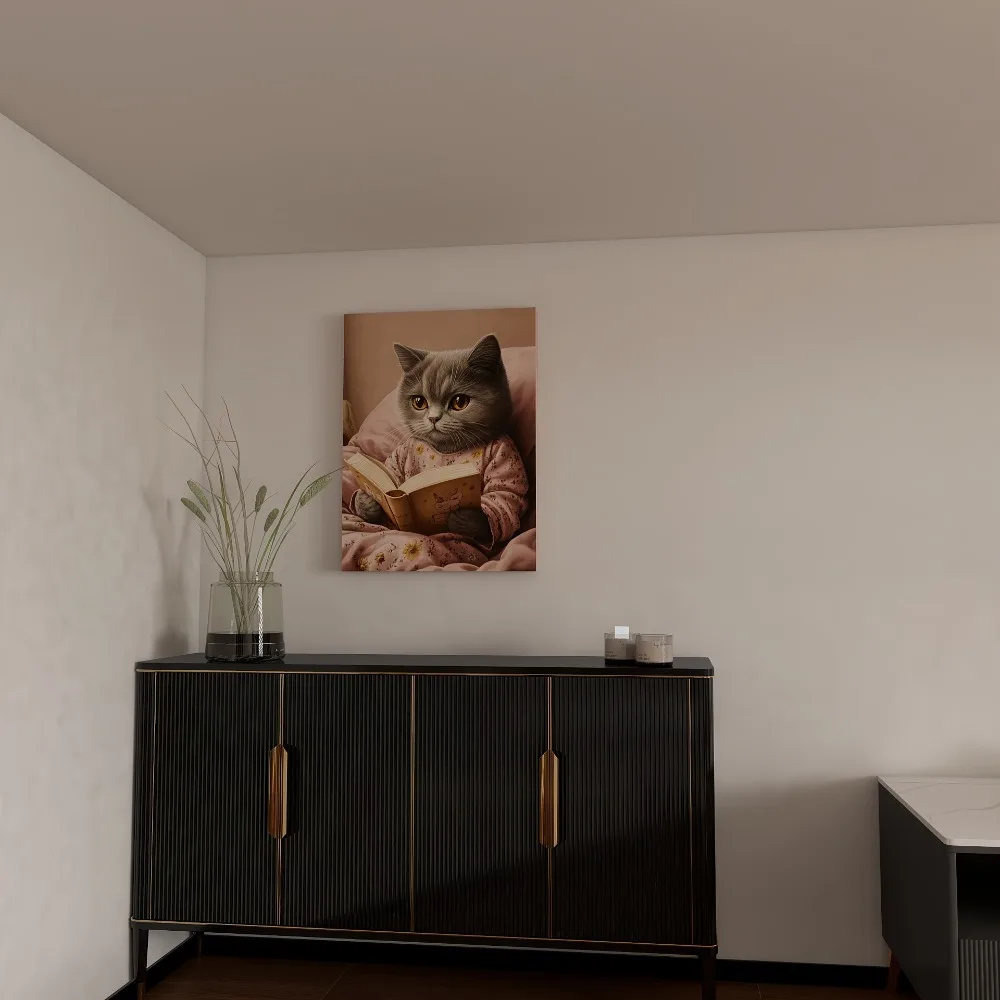 

Cat in bed wearing pajamas, reading a book, suitable for bedroom, living room, home, 1.5 inch thick pine solid wood frame.