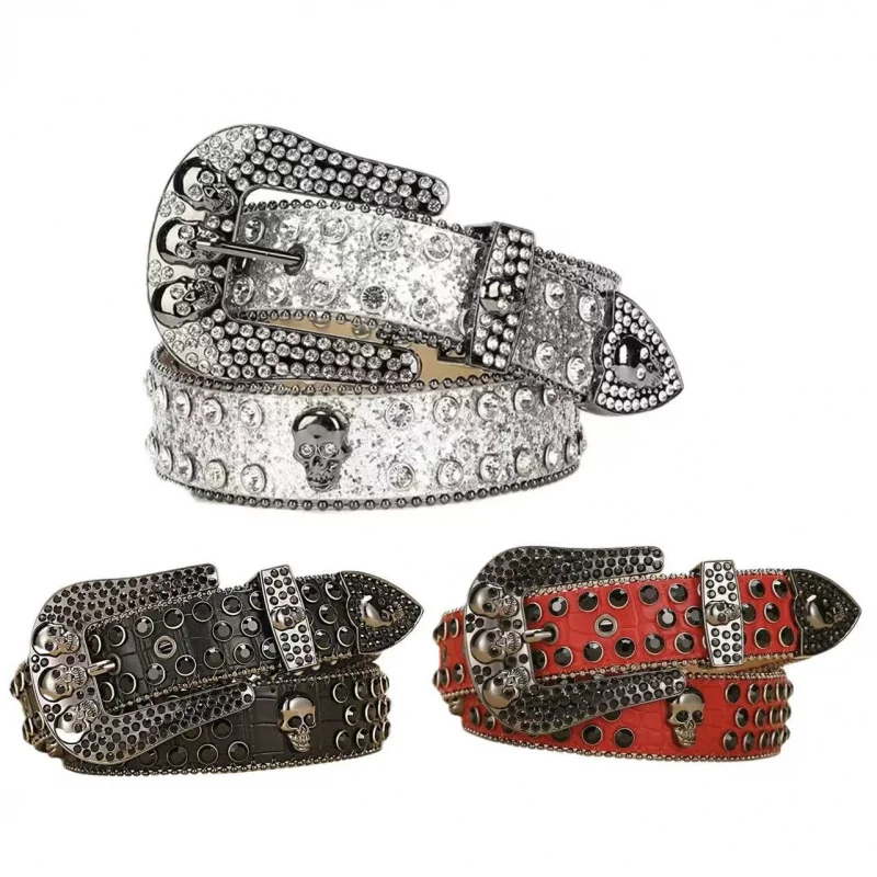 

Темный ремень с черепами, украшенный стразами, с высококачественной пряжкой, полностью усыпанный блестящими пайетками, в стиле хип-хоп, кожаный, для ночных клубов.