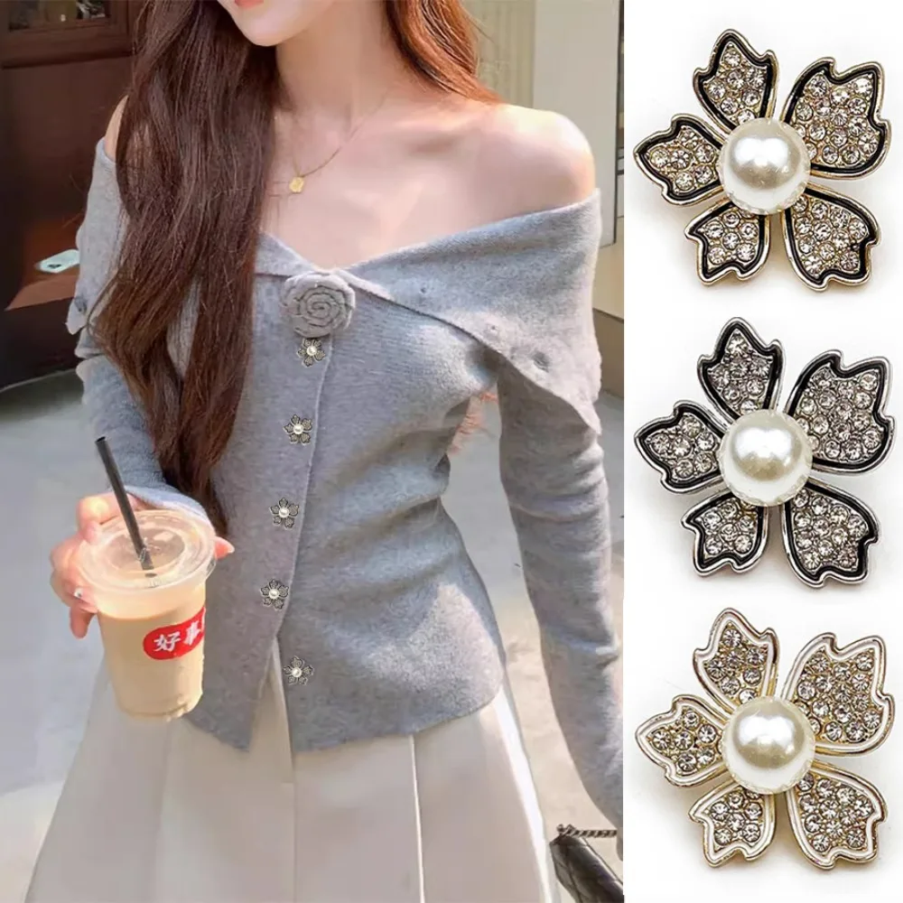 FCXDG 10pcs Fashion Beautiful Flower-shaped Pearl Diamond Metal Buttons Coat Shirt Cardigan Jacket Exquisite High-grade Buttons
