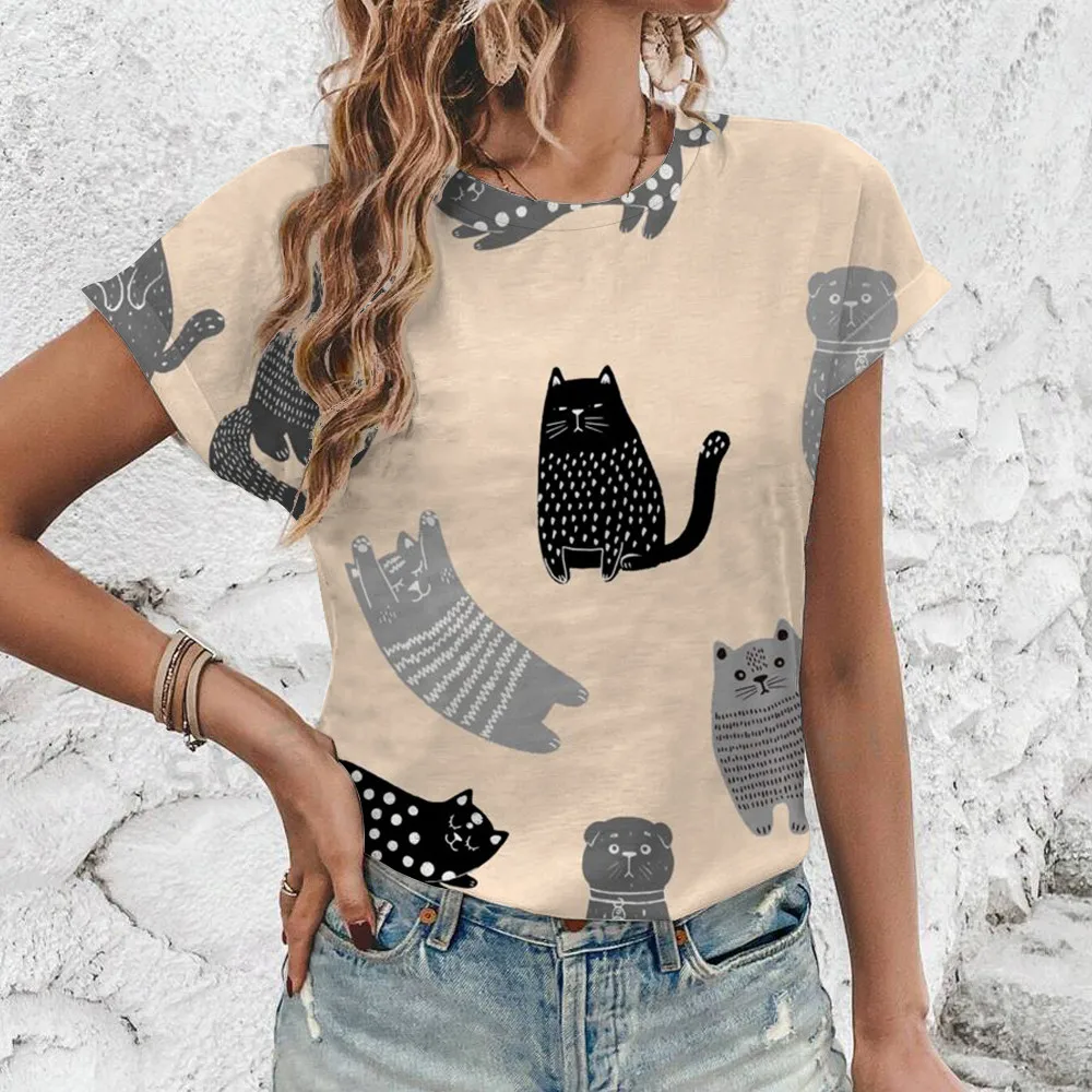 

Women Short Sleeve T-Shirt Cute Cat Print T-Shirt Fashion Popular Round Neck T-Shirt Summer Women Leisure T-Shirt Female clothe