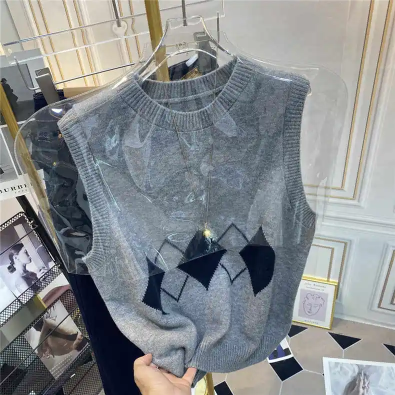 Suéter de punto Extra grande 300 Pou, chaleco holgado para mujer, prenda de punto holgada Retro, camiseta sin mangas con patrón de diamante redondo Ne