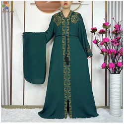 Muslim Women Open Zipper Prayer Robe Gold Hot Diamond Chiffon Material Robe African Abaya Women Cardigan Robe Dubai Clothing