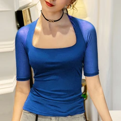 Sexy Basic Short Sleeve Women T shirt Elegant Square Neck Slim Stretch Tops Y2k Elastic Knitting Female Blouses Tees S-2XL Top
