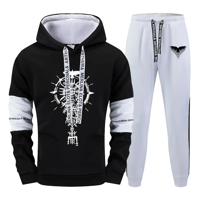 فايكنغ رافين ذكر قمصان سويت شيرت بقلنسوة Sweatpants أسود أبيض مزيج اللون ملابس رياضية خريف شتاء يوميا عارضة الرياضة هوديي رياضية