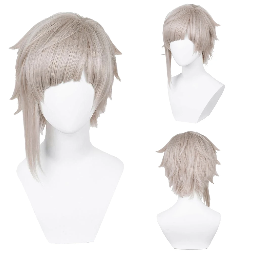 أنيمي أتسوشي ناكاجيما تأثيري الشعر الاصطناعية 16 بوصة لوتس الجذر رمادي حفلة يومية عالية الجودة شعر مستعار للرجال مقاومة للحرارة الطبيعية