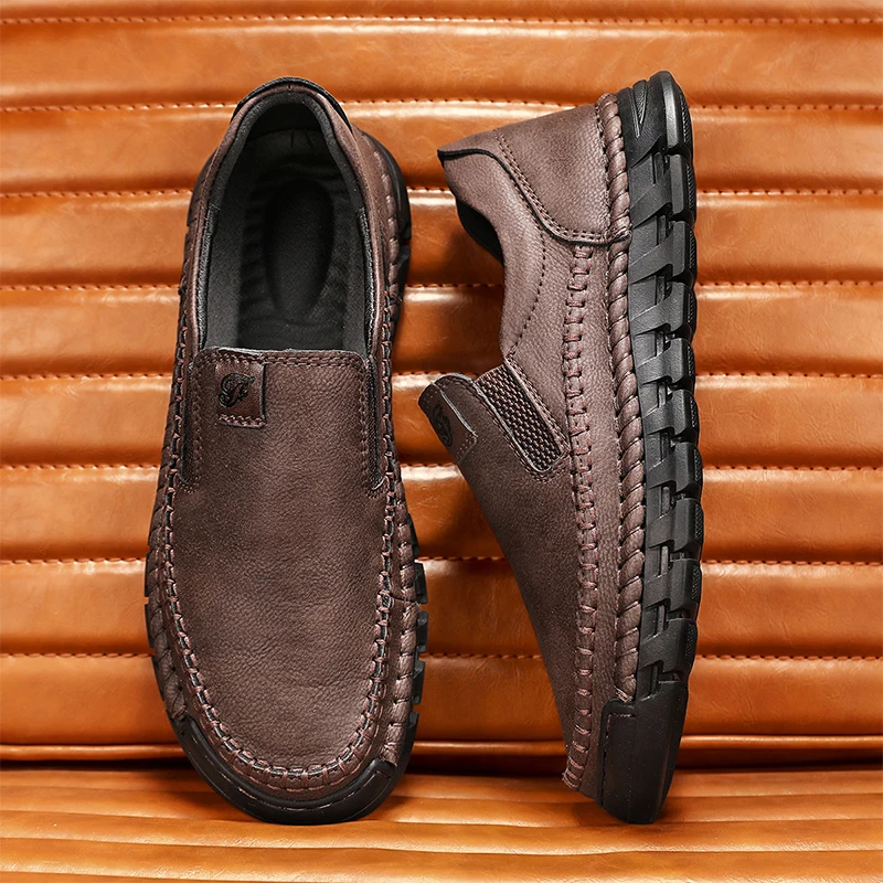 

Мужские повседневные лоферы из искусственной кожи с плоской подошвой, сшитая вручную, удобная дышащая деловая мужская обувь