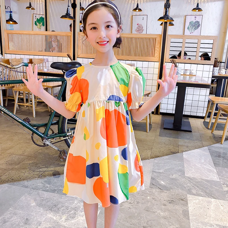 

Summer Children's Dress 2023 New Bubble Sleeve Girls' Short Skirt Abstract Color Breathable Baby's Long Skirt Large Beach Dress