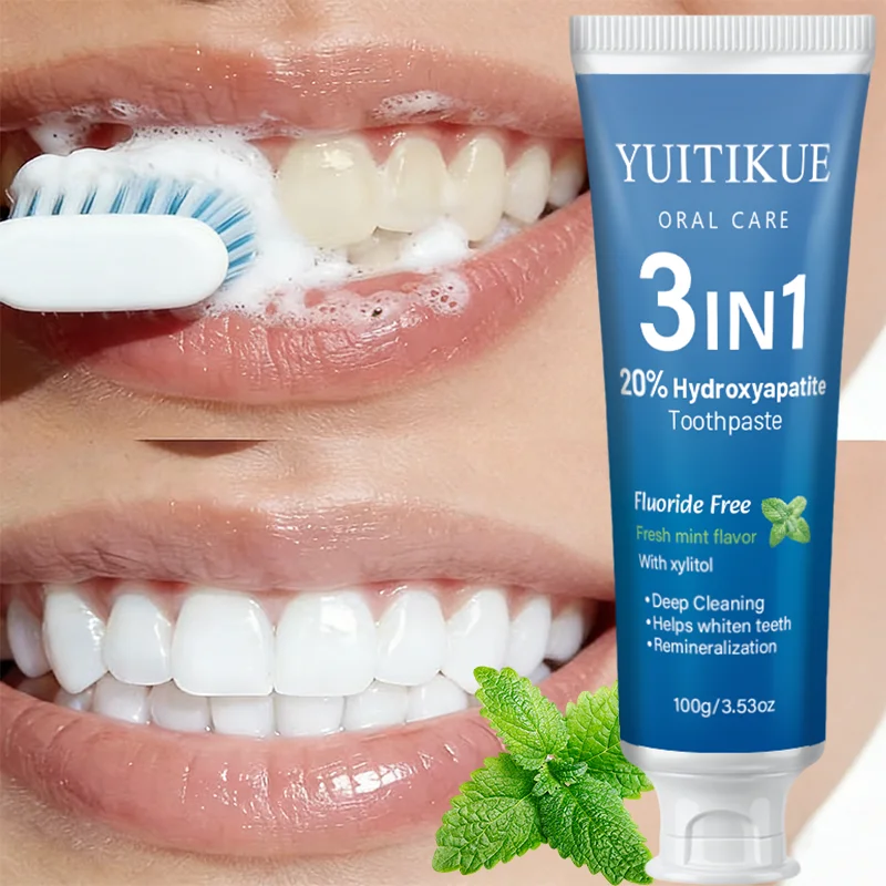 YUITIKUE Mint Hydroxyapatite Remineralizing Toothpaste 3 Functions Fluoride Free Xylitol Deep Clean Stains Brighten Yellow Teeth