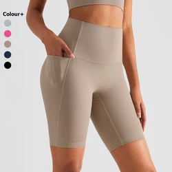 Women High Waist Shorts Solid Color Soft Stretchy Pocket Cropped Leggings Breathable Workout Running Shorts Female Gym Clothes