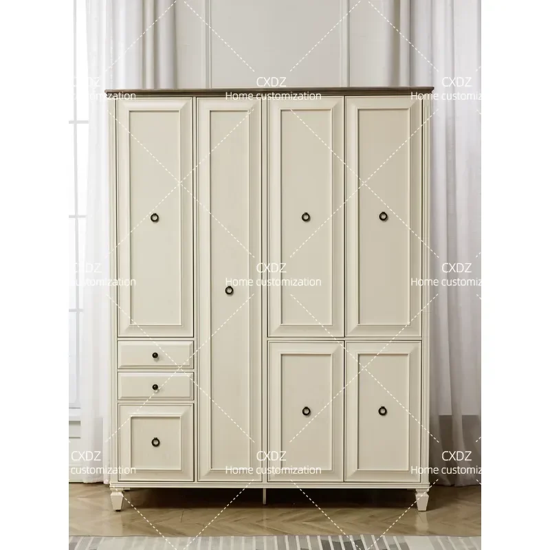 Pure Solid Wood Four Door Wardrobe Large White Swing Door Bedroom Closet Light Luxury Custom Furniture Storage Cabinet