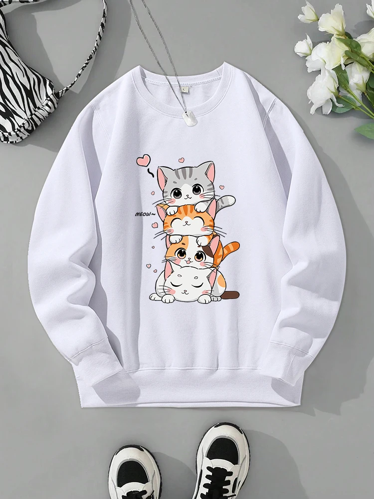 Cats Lying Together Funny Print Sweatshirt Women Comfortable O-Neck Tracksuit Autumn Fleece Warm Sportswear Fashion Casual Tops