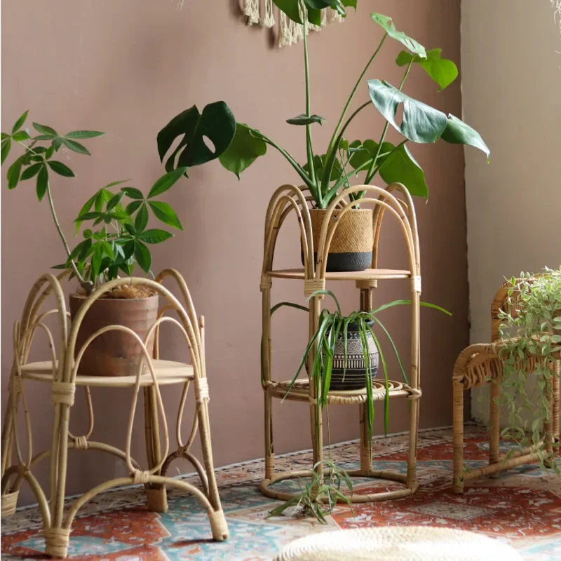 Elegant Nordic Rattan Plant Stand  Creative Floor Storage Rack, Living Room and Balcony Decoration, Unique Homestay Decor