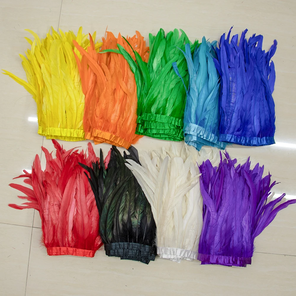 1M Rooster Tail Feathers Trim Cock Long Plumas Ribbon 25-30CM/10-12inch for Needlework Wedding Party Dress Clothing Decoration