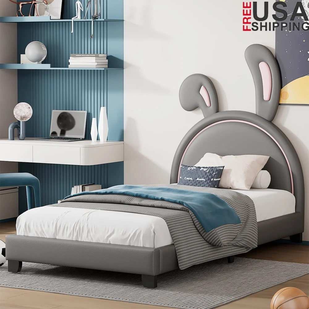 Upholstered Twin Size Platform Bed with Rabbit Ornament PU Leather Kids Bed Solid Pine Wood Frame Easy Assembly