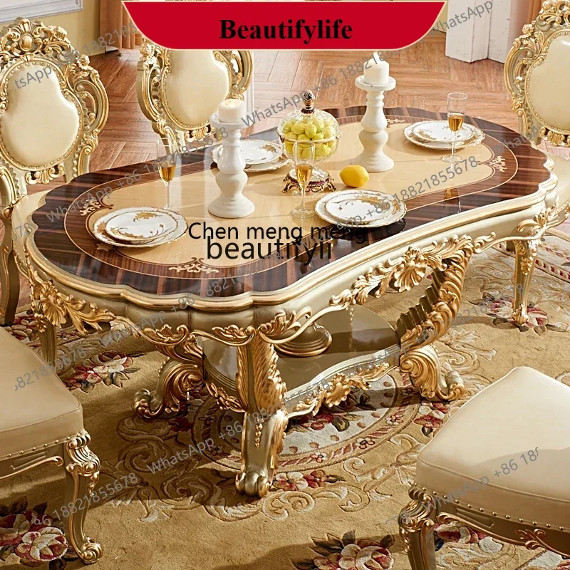 z183  European dining table, rectangular solid wood square table, villa high-end champagne gold oval 1.8 rice table