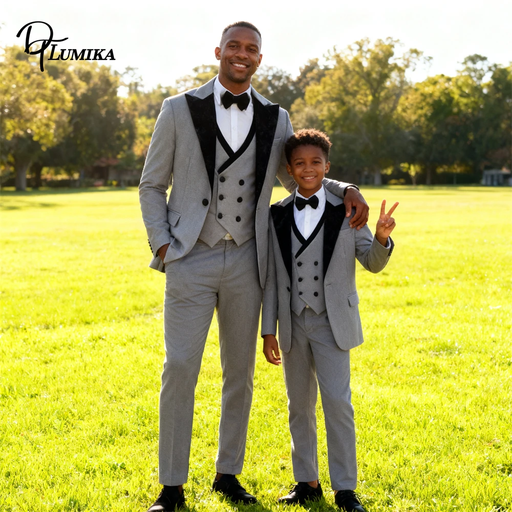 

Velvet Collar Formal Commnion Suit Set for Men & Son, One Button Jacket Vest Pants Anniversary Tuxedo Men Toddler Plus Size Suit