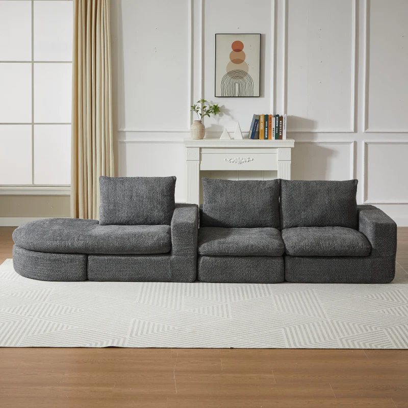 Canapé en chenille avec éléments courbés et chaise longue, entièrement compressé et sans cadre, canapé modulaire en forme de L avec chaise longue, canapé en mousse compressée, aucun assemblage requis