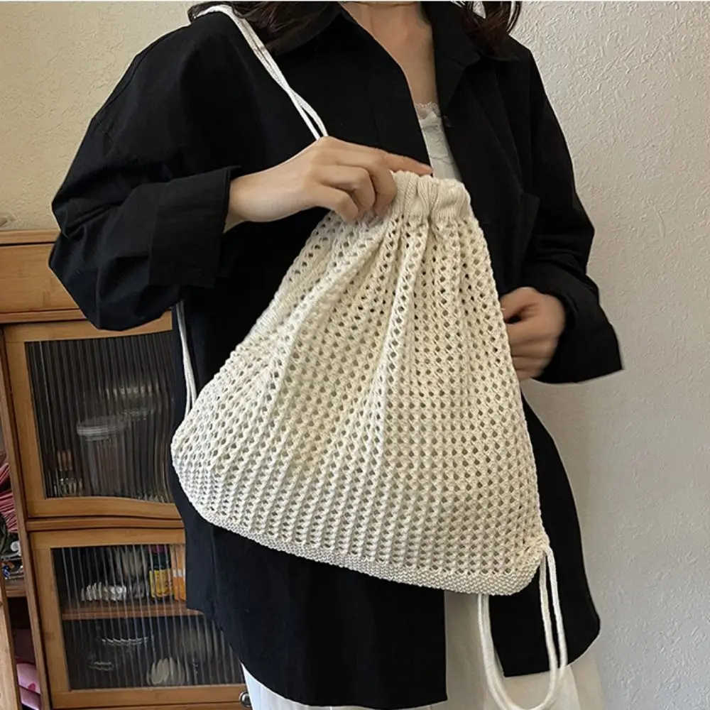 Solid Color Knitting Shoulder Bag Large Capacity Lazy Style Bohemian Crochet Backpack Versatile Hollow Out