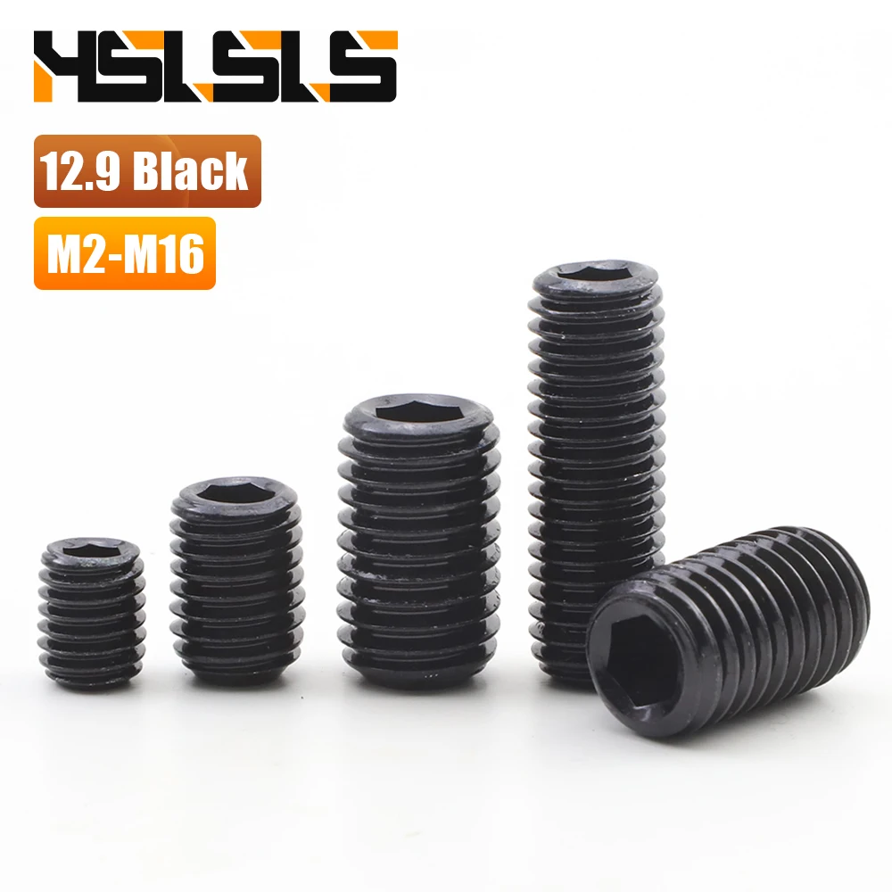 Black 12.9 Grade Allen Drive Flat head Grub Screw M2 M3 M4 M5-M16 Hexagon Socket Set Screws with Flat Point for Door Lock Handle
