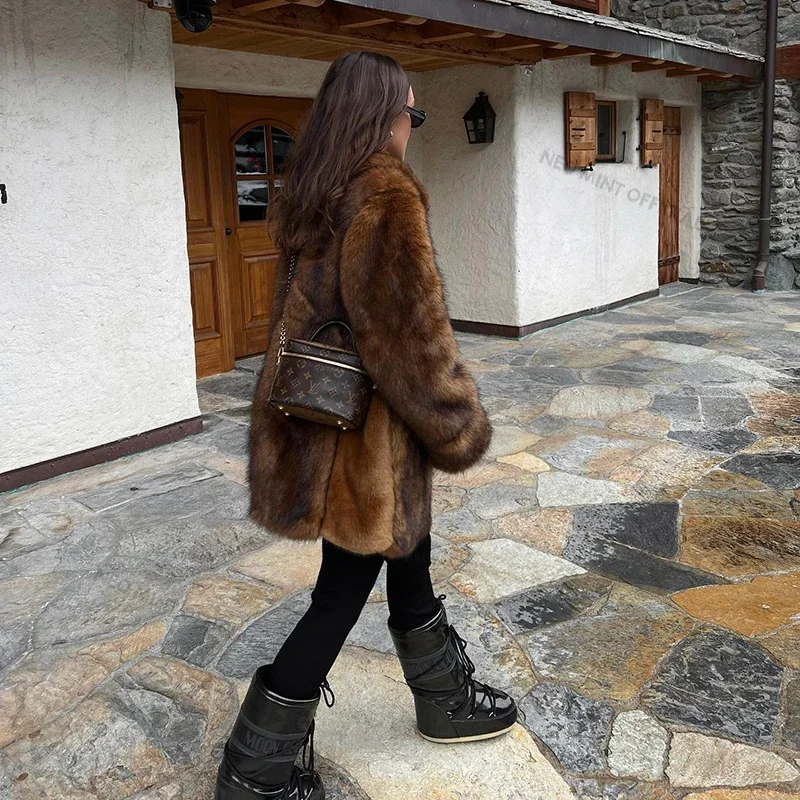 Neo Mint Luxury Brand Long Furry Faux Fur Coat Women 2024 Winter Brown Vintage Gradient Thick Warm Outerwear Fluffy Fur Jacket