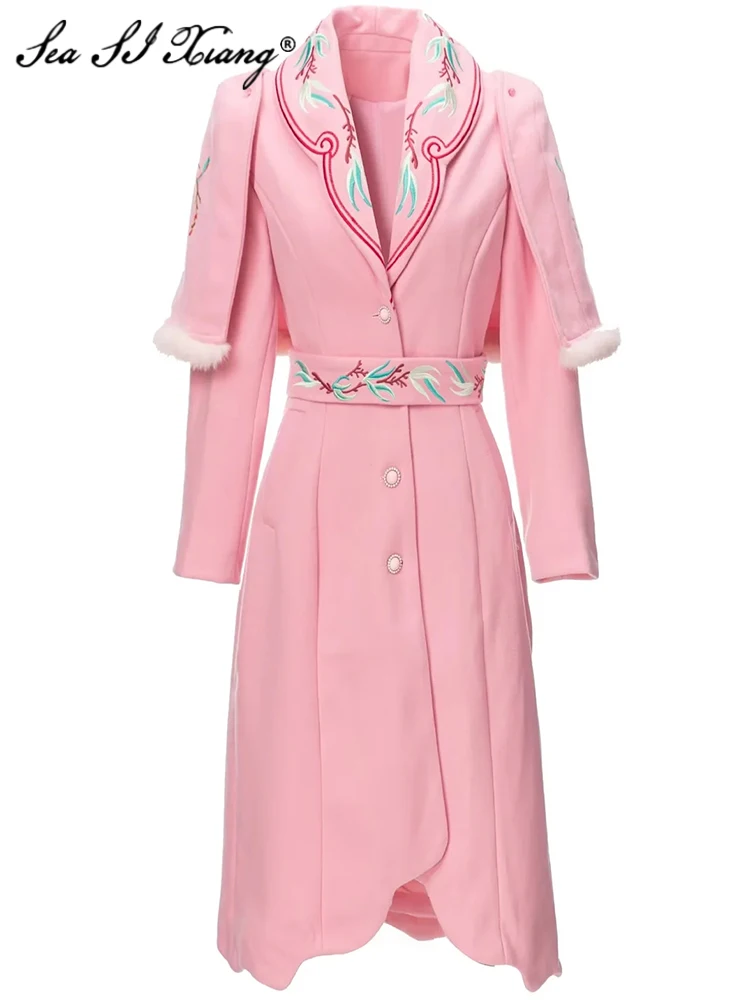 

Seasixiang Fashion Designer Autumn Embroidery Coat Women Long Sleeve Lace-up Single Breasted Outerwear + Feathers Cloak