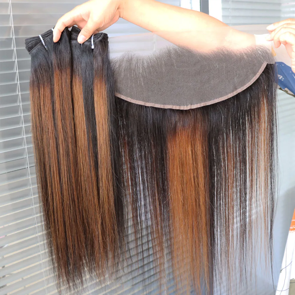 الجملة عذراء الشعر البشري ريمي لحمة شعر النسيج تسليط الضوء على 1B/30 مع الدانتيل إغلاق أمامي البيانو اللون حزم الشعر