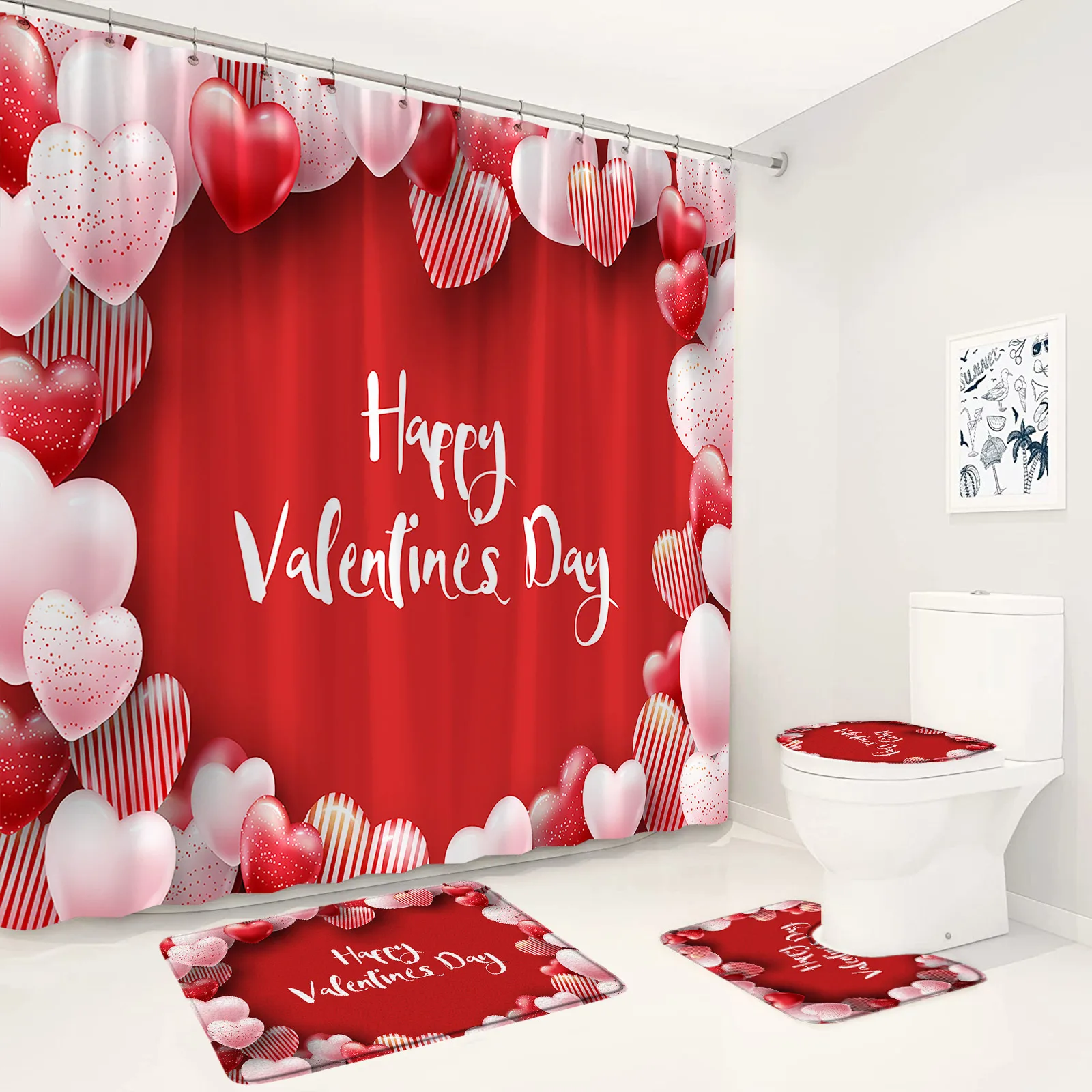 Valentine's Day Shower Curtain Set Red Roses Flower Heart Balloon Holiday Bathroom Decor Non-Slip Rug Bath Mats Toilet Lid Cover