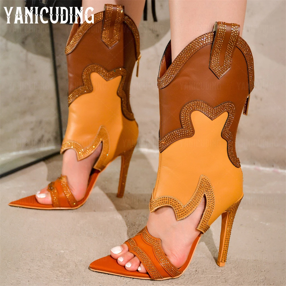 Skinny Rhinestone Western Summer Booties Open Toe High Heeled Sandals Pointed Stiletto Heel Luxurious Handmade Boots for Women