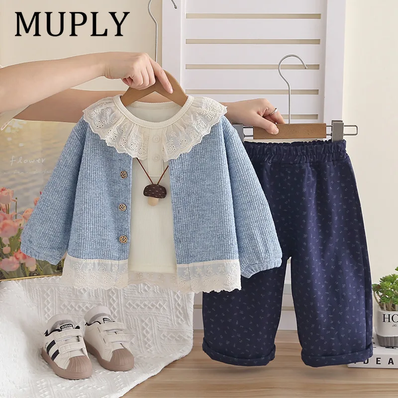 Toddler Baby Girls 3Pcs Outfit Set Spring Lace Ruffle Cardigan+T‑Shirt+Floral Pants Kids Retro Sweet Children Clothing