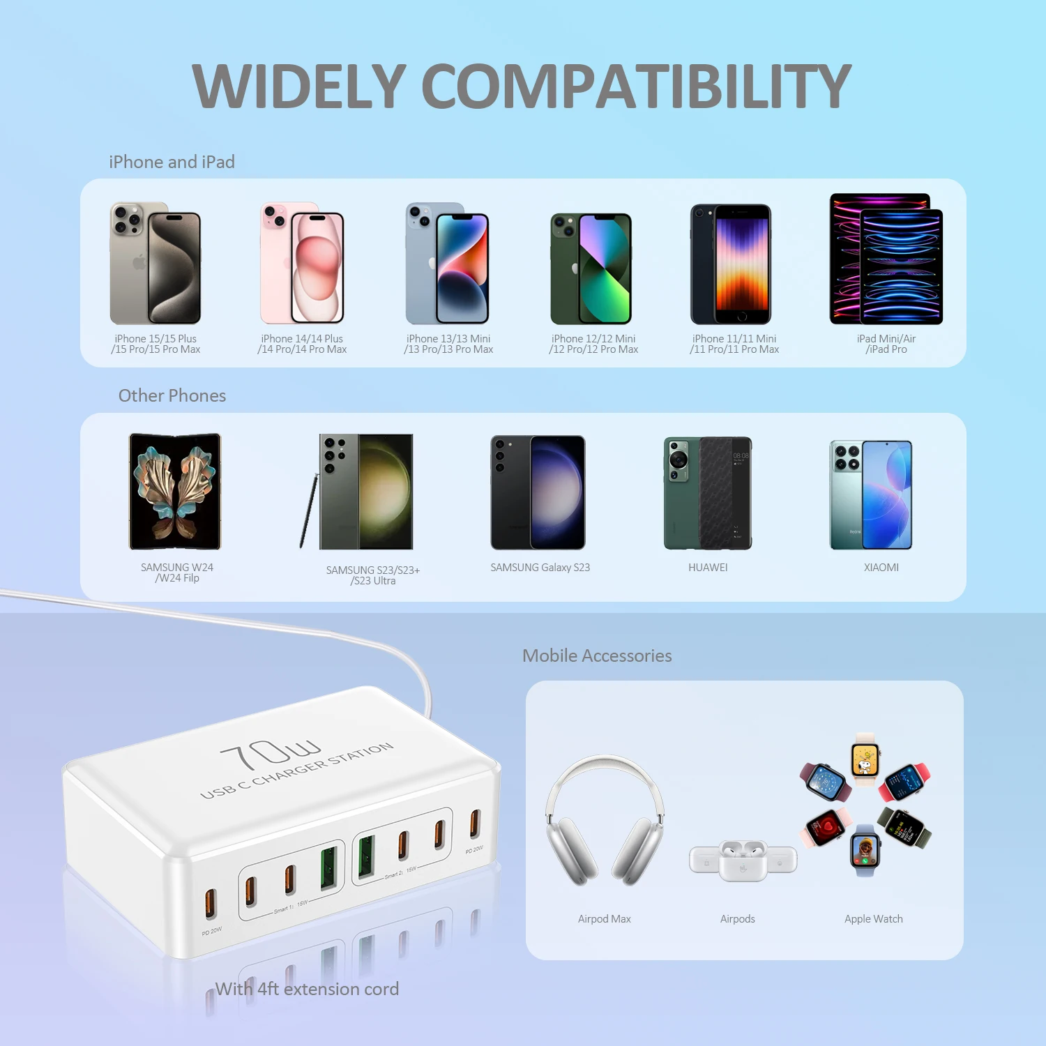 70W Desktop 8-port Charger USB Type C PD 20W Charger Fast Charge Quick Charger Mobile USB Charger 6C+2A for IPhone Xiaomi