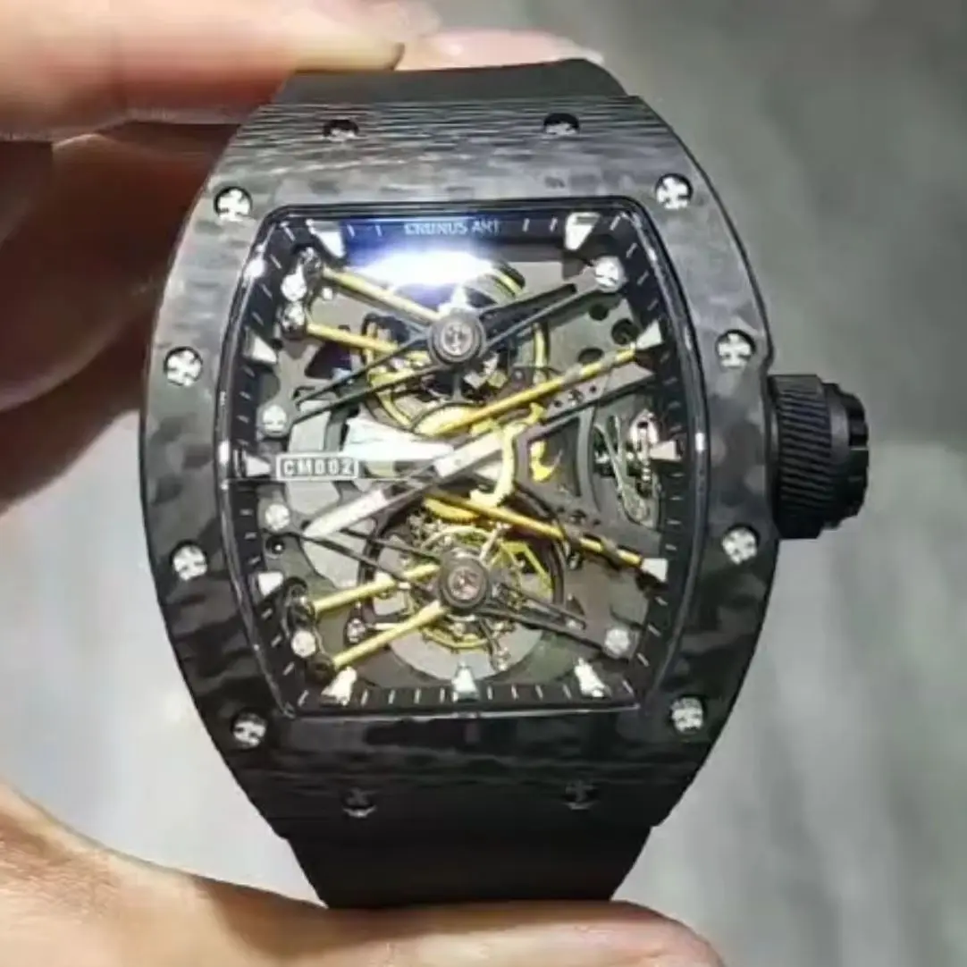 CRONUSART Men Tourbillon Watch 50mm Tonneau Manual Winding Mechanical Wristwatch Carbon Fiber Case Sapphire Mirror Skeleton Dial
