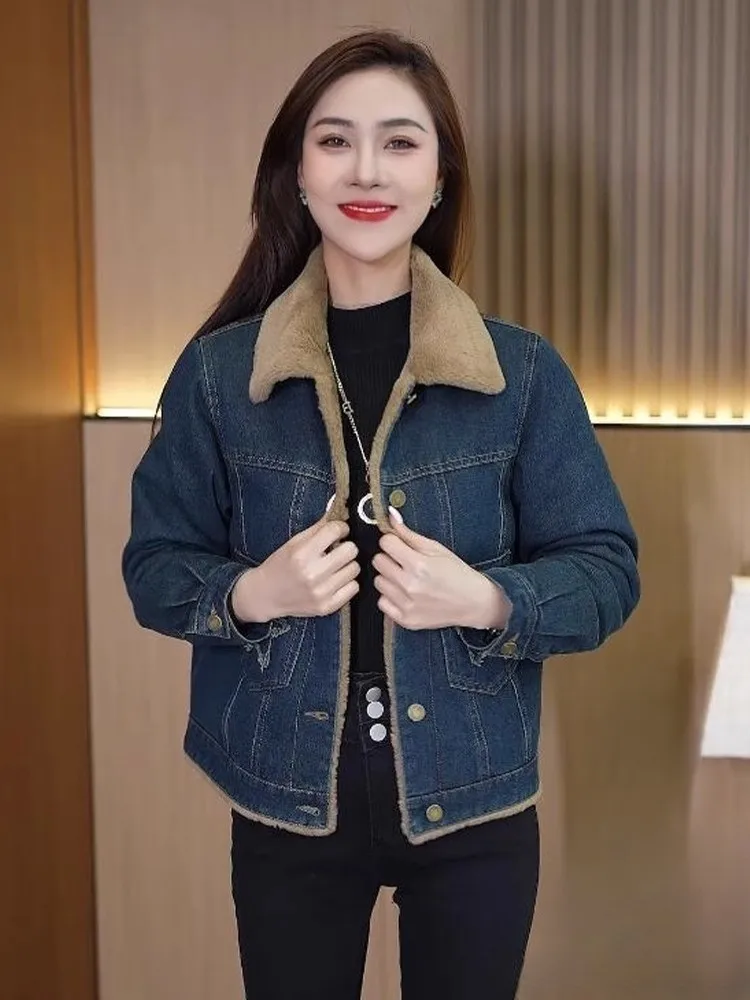 

Denim Coat Hip Hop Fur Plush Womens Autumn Slim Fit Elegant Preppy Style Urban Commuting Fuzzy Corduroy Patchwork Adjustable Y2K