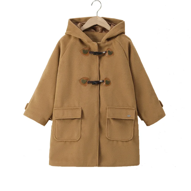 

Children Wool Blend Coat British Style School Boys Girls Long Double Breasted Jacket Winter Warm Horn Button Outerwear for Kids