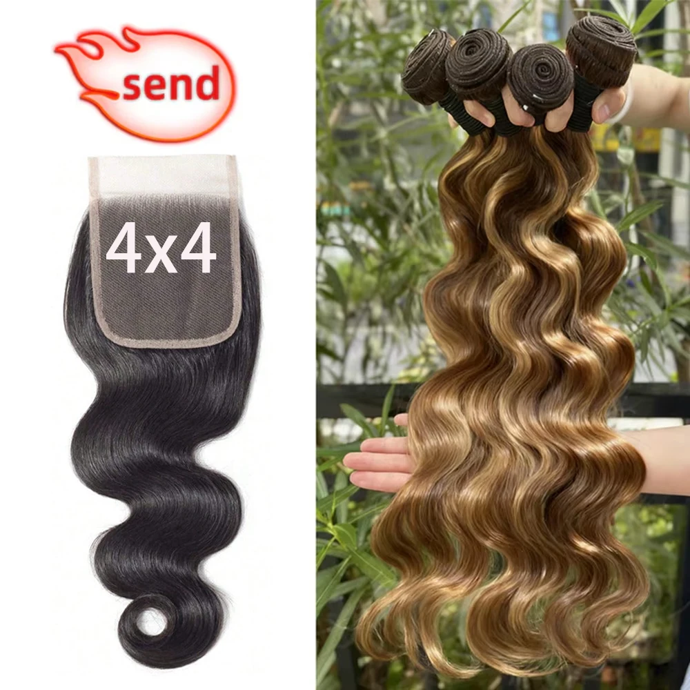 16A P4/27 corps vague mettre en évidence paquets tissage cheveux humains naturel 30 pouces 100% non transformés couleur brut Extensions de cheveux humains paquets avec fermeture extension cheveux