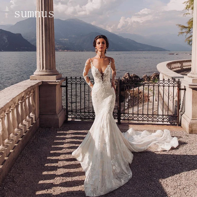 Vestido de novia de sirena con escote en V profundo, Sexy, con apliques de ilusión, manga larga, Espalda descubierta, tirantes finos, hecho a medida