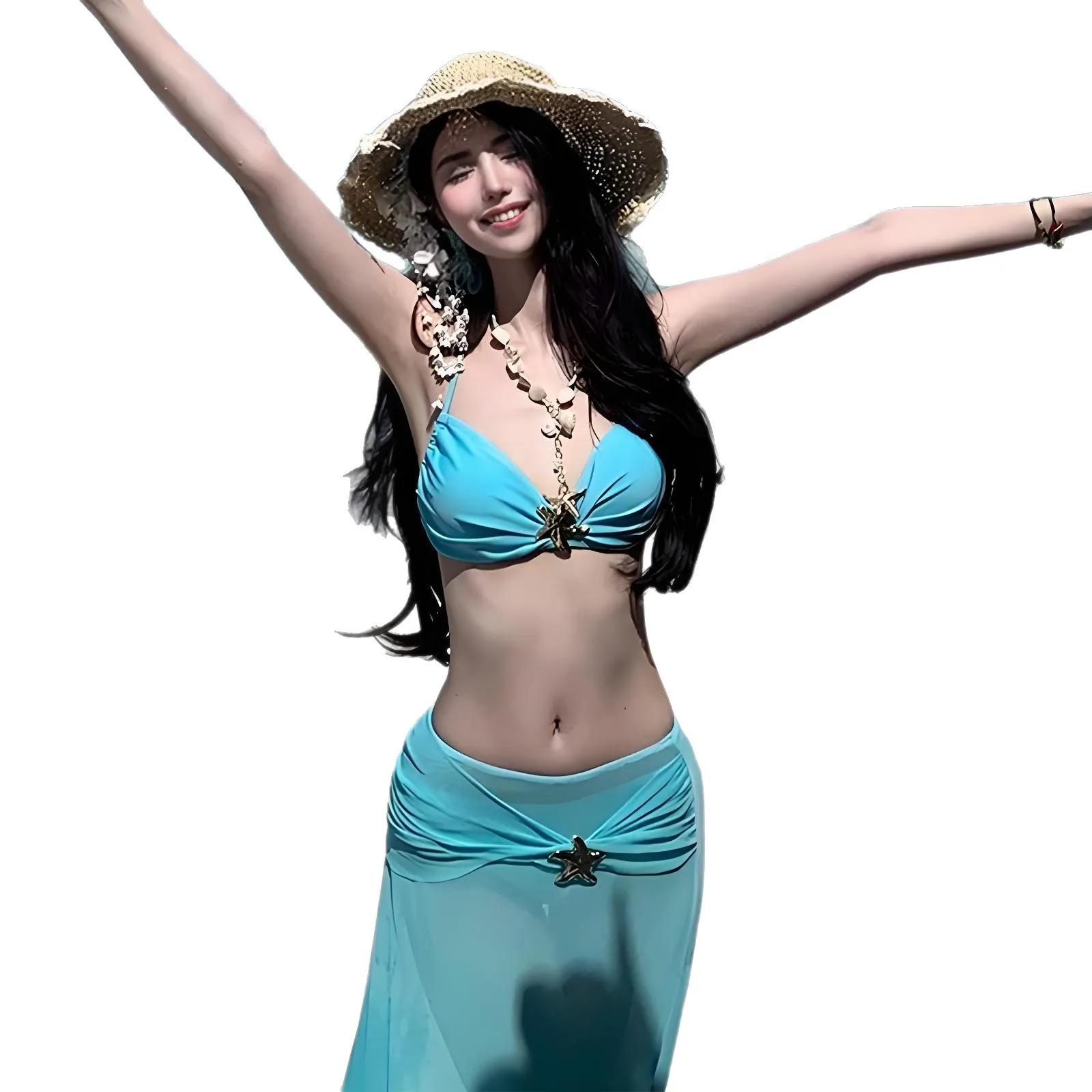 sexy blue plain starfish bikinis sets 3pcs halter tie swimsuits with mesh long skirt swimwear beach outfits biquini tankini